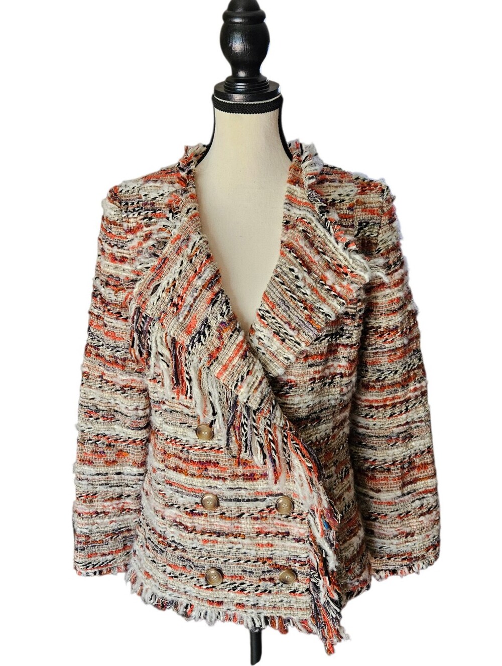 Tweed Women Multicolor Wool Blend Fringe Jacket Size 38